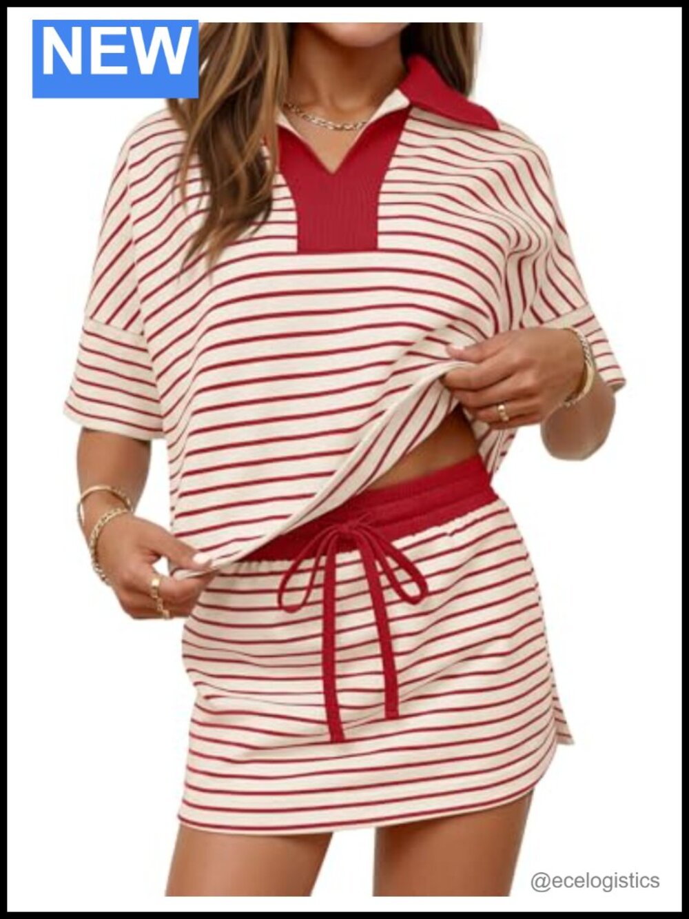 Striped 2 Piece Skirt Set Polo Top with Built-In Shorts Lounge Outfit